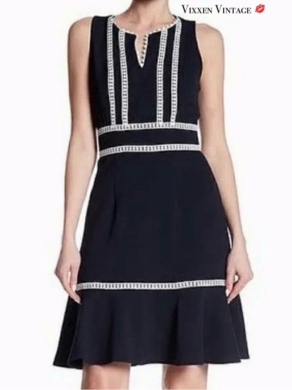 NANETTE LEPORE SLEEVELESS LACE TRIM FIT & FLARE DRESS IN NAVY